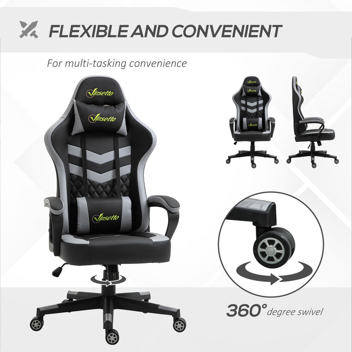 Gaming Chair, Computer Desk Chair with Lumbar Support, Faux Leather Racing Chair with Headrest and Swivel Wheels for Home Office, Black Grey