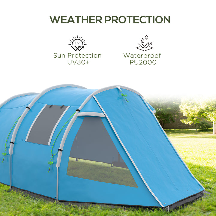 3-4 Man Tunnel Tent, Two Room Camping Tent with Windows, Portable Carry Bag, for Fishing, Hiking, Sports, Festival - Blue