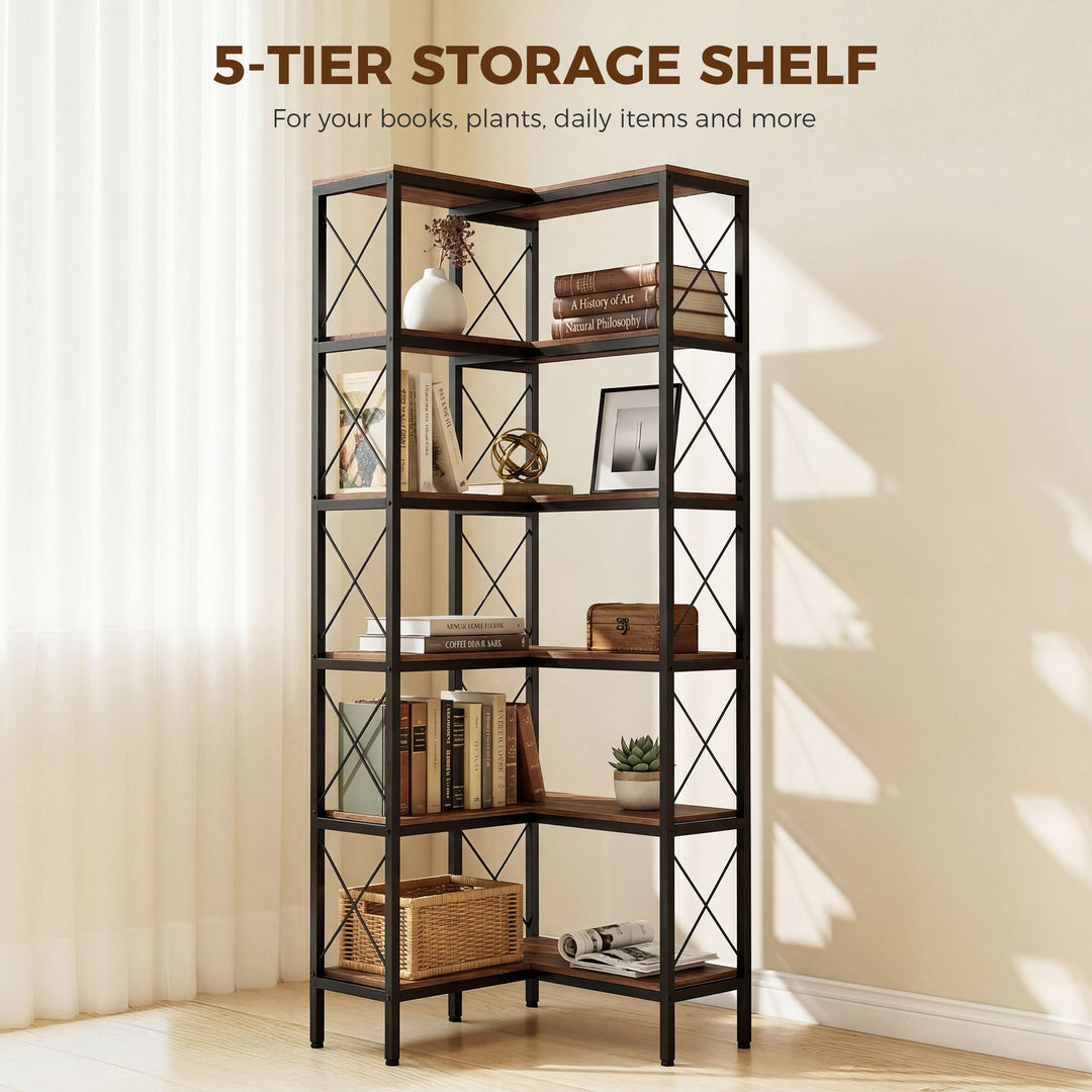5-Tier L-Shaped Bookshelf, Freestanding Corner Bookcase with Metal Fra