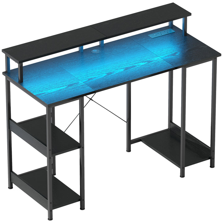 LED Computer Desk, with Power Outlets and Shelves - Black