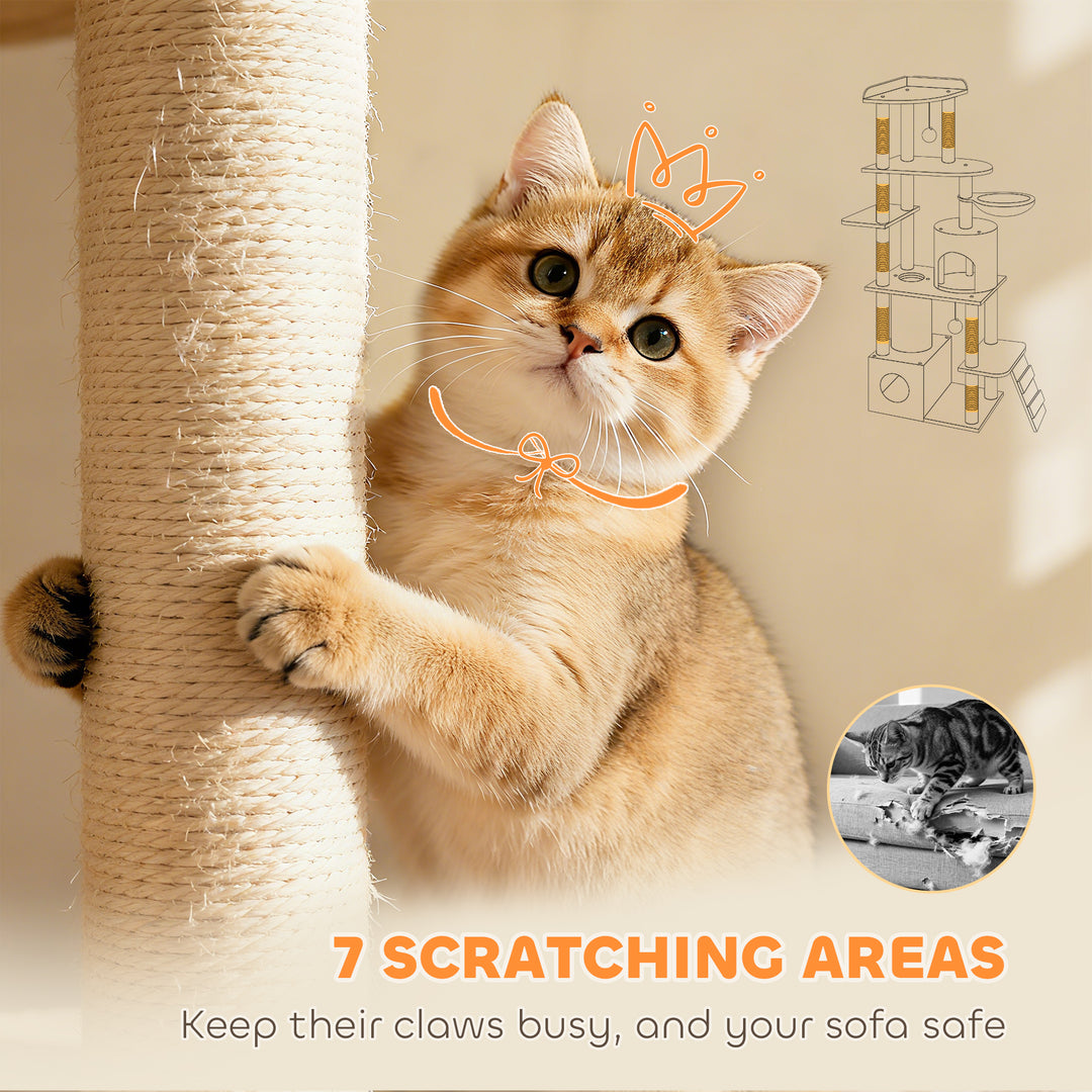 MCL 170 cm Large Cat Tree, Cat Tower with 7 Scratching Posts, Tunnel, 2 Condos, Hammock, Perch, Ramp, Pompoms, Light Grey