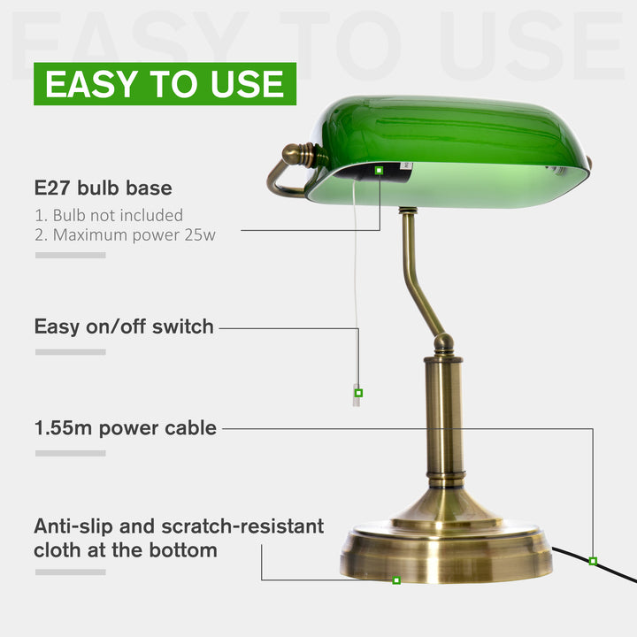 Banker's Desk Lamp with Antique Bronze Tone Base, Table Lamp with Green Glass Shade for Home Office, Green