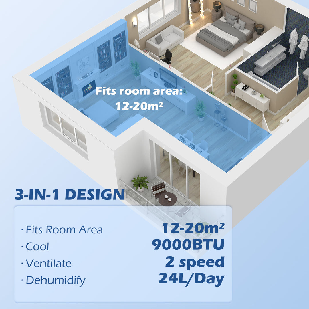 HOMCOM 7,000 BTU Mobile Air Conditioner for Room up to 15m², with Dehumidifier, 24H Timer, Wheels, Window Mount Kit | Aosom UK