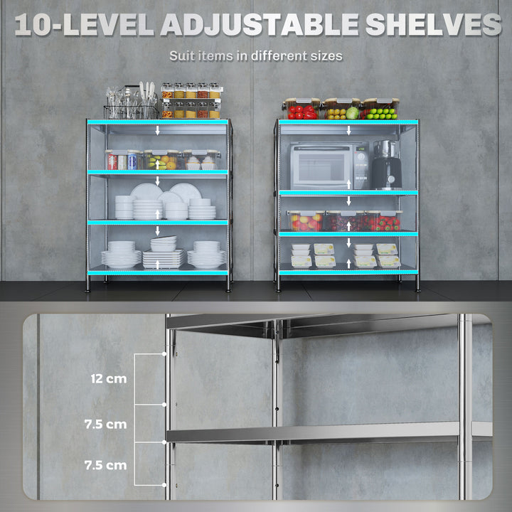 HOMCOM 4-Tier Bakers Rack with Storage, Stainless Steel Microwave Stand with Adjustable Shelves for Small Spaces, Kitchen Storage Unit for Spices, Pots and Pans, Silver Tone