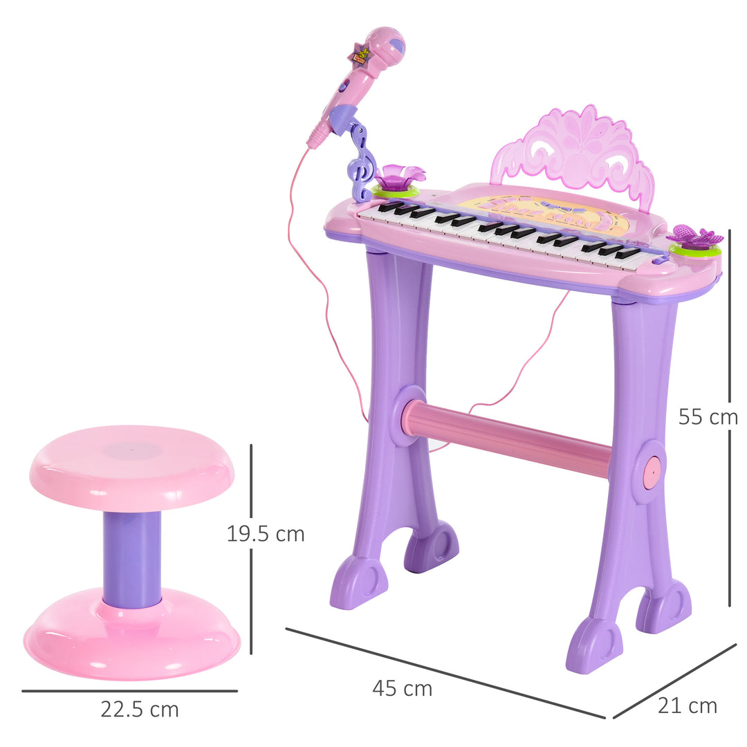 HOMCOM Electronic Organ for Kids, Mini Piano with Microphone and Stool, Interactive Music Play, Purple/Pink | Aosom UK