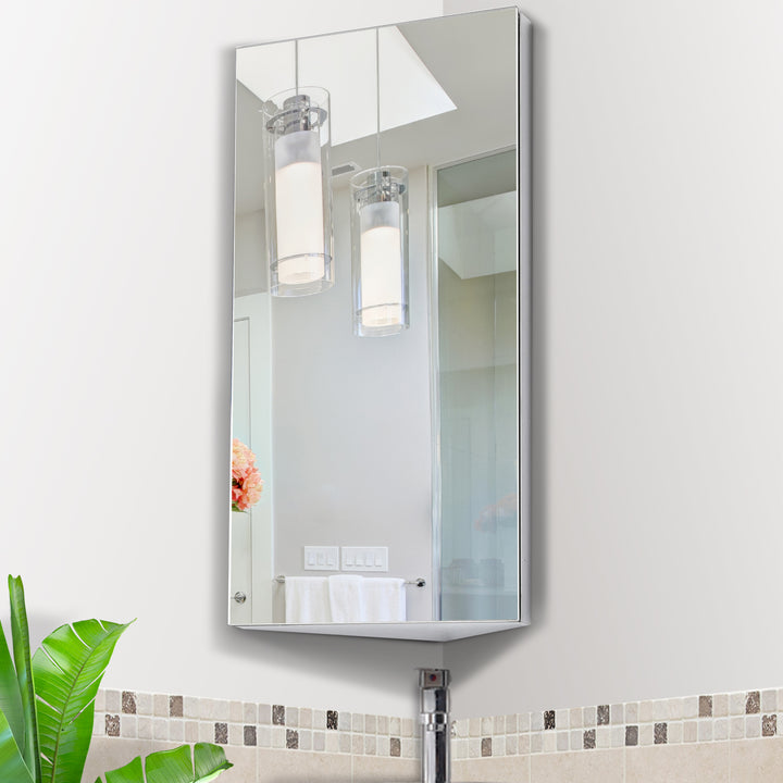 HOMCOM Stainless Steel Mirrored Cabinet: Corner-Mounted Bathroom Organiser with Single Door, 300mm Width | Aosom UK