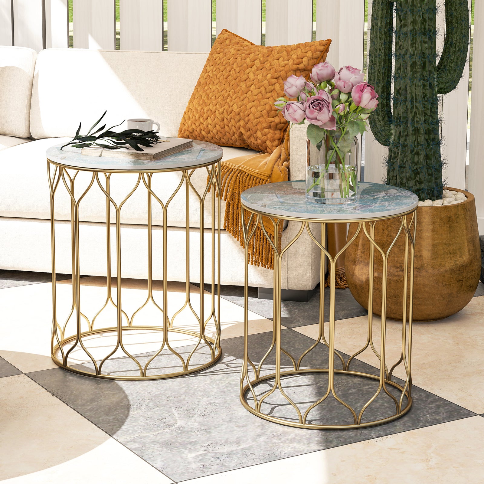 Round Coffee Table Set of 2, Modern Nesting Tables with Ceramic Tile Top, Small End Tables, Indoor Outdoor Side Table with Metal Frame for Living Room, Bedroom, Patio, Balcony, Multicoloured