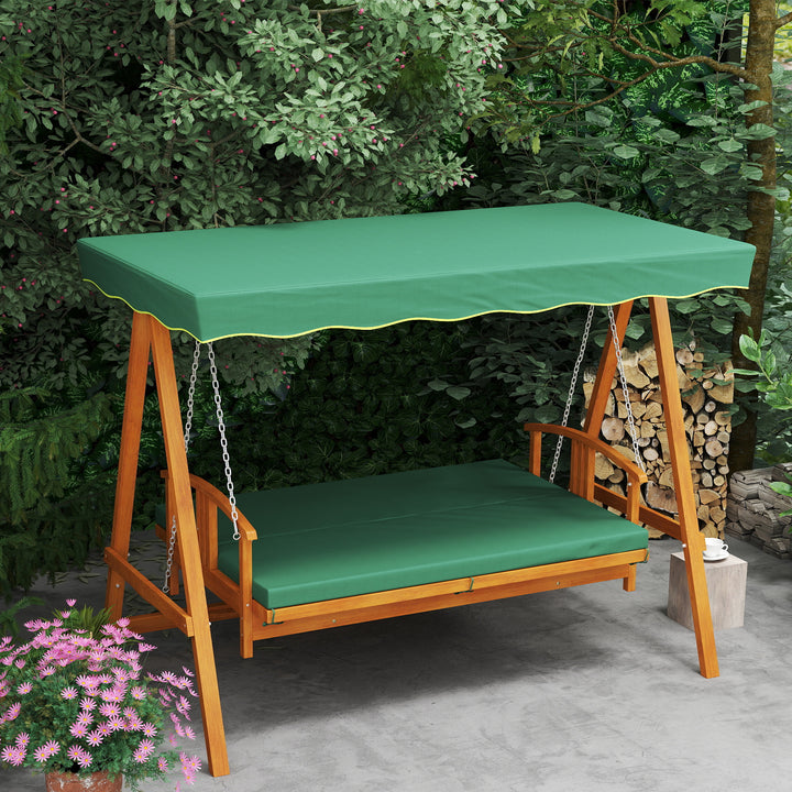 3 Seater 2-in-1 Wooden Garden Swing Seat Swing Chair Outdoor Convertible Hammock Bench Furniture Lounger Bed Wood, Dark Green