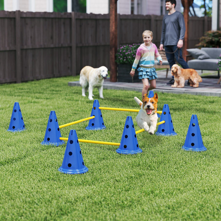 Dog Agility Equipment Set of Eight Cones, Eight Poles w/ Carry Bag, Four-Piece Adjustable Height Jumping Obstacles Blue
