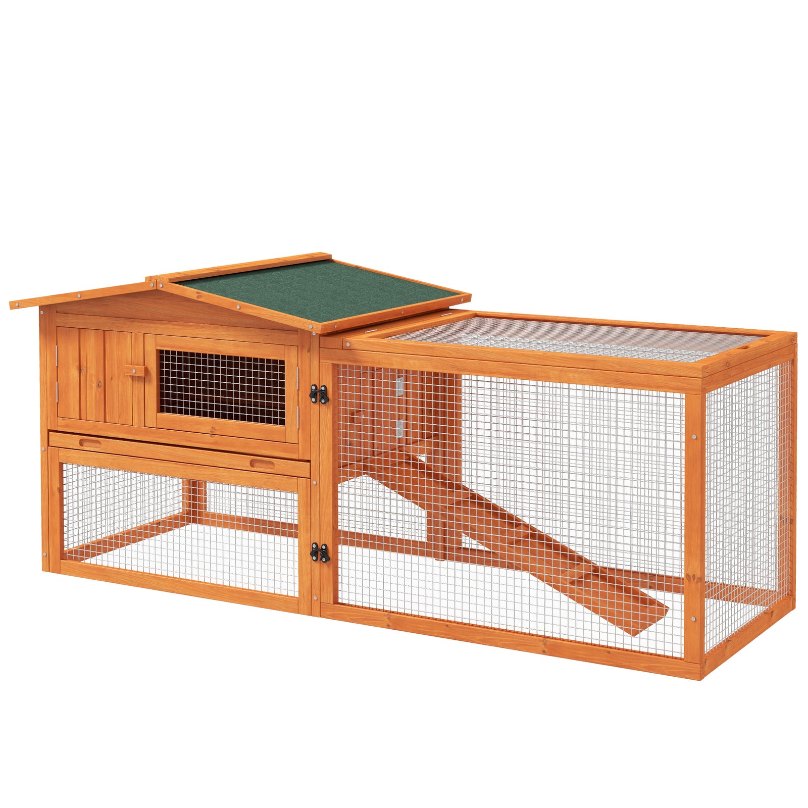Rabbit Hutch with Run Wooden Guinea Pig Hutch Outdoor Bunny Cage Hide House with Sliding Tray, Hay Rack, Ramp, 156 x 58 x 68cm, Orange