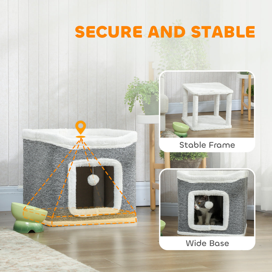 MCL Cat House for Indoor Kittens, 2-Level Cat Cave Bed with Fluffy Balls, Top Bed, Kitten Barrel for Multi Kitties, Grey