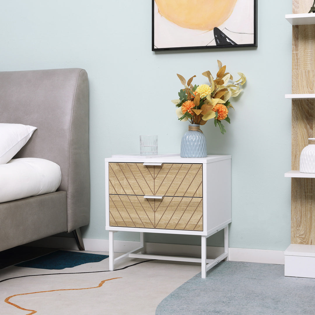 HOMCOM Contemporary Bedside Cabinet: White & Oak Nightstand with 2 Drawers, Metal Frame, Sofa Side Table | Aosom UK