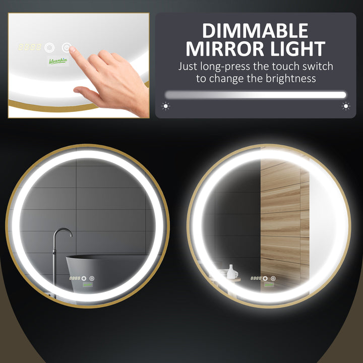 Kleankin Round LED Bathroom Mirror, Dimmable Lighted Wall Mount, 3 Colours, Time Display, Memory Function, 60cm, Silver | Aosom UK