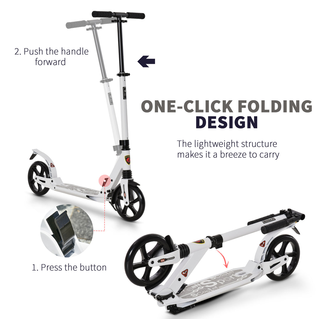 HOMCOM Folding Kick Scooter 2 Big Wheels Teens Adult  14+ Adjustable Ride On White