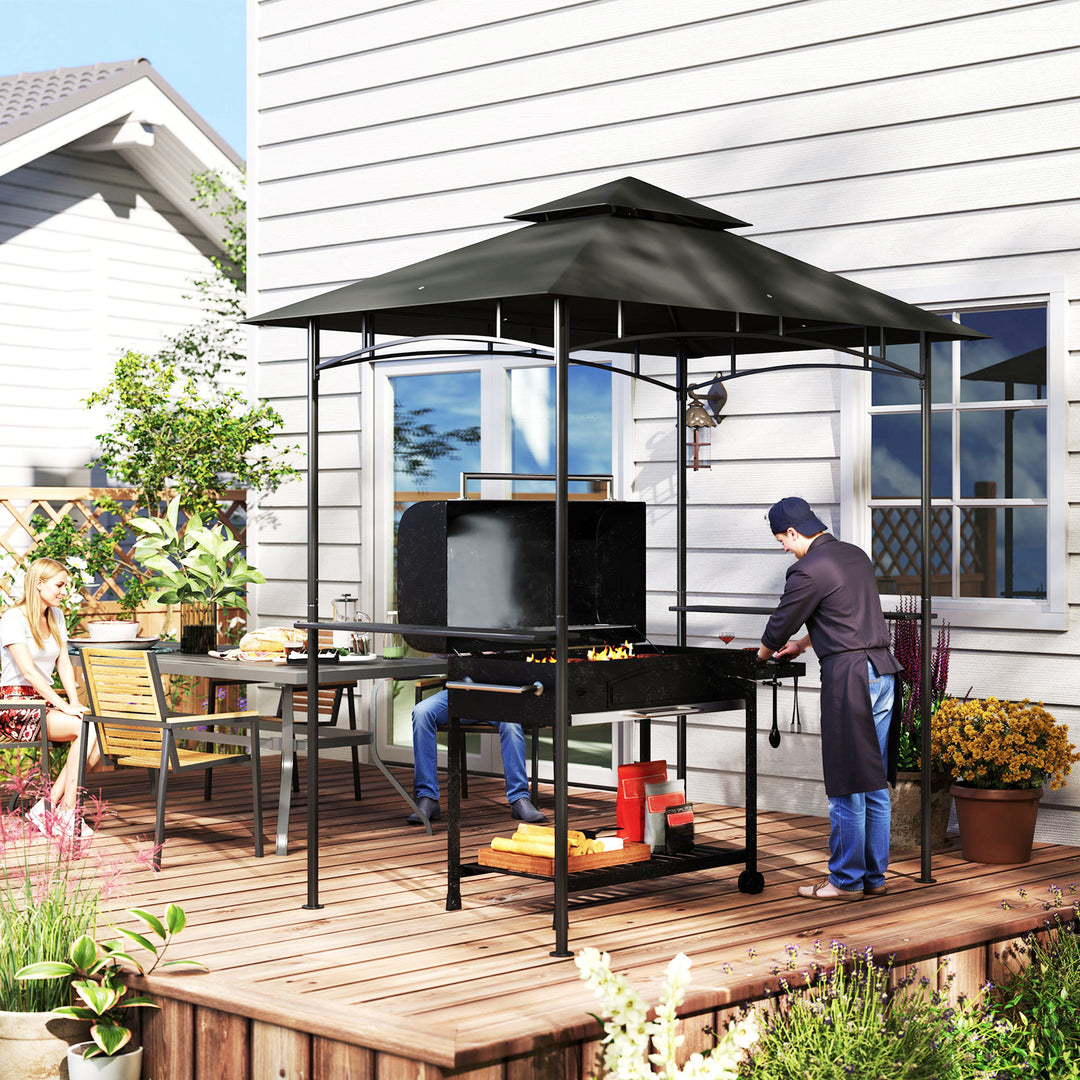 8' x 5' Grill Gazebo, Double Tiered BBQ Gazebo Shelter Canopy with LED Lights, 2 Side Shelves, Hooks, Dark Grey