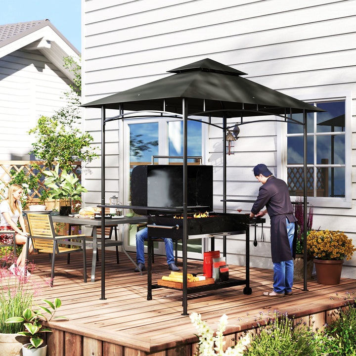 8' x 5' Grill Gazebo, Double Tiered BBQ Gazebo Shelter Canopy with LED Lights, 2 Side Shelves, Hooks, Dark Grey
