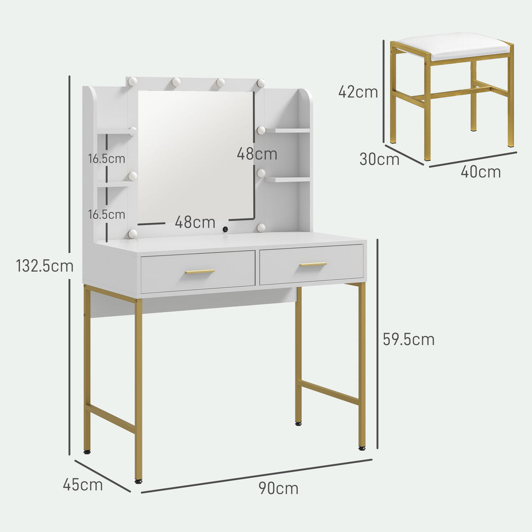 HOMCOM Dressing Table with Lighted Mirror, Cushioned Stool, Drawers, Shelves, Makeup Vanity Desk Set, Modern Dresser Vanity Table for Bedroom, White