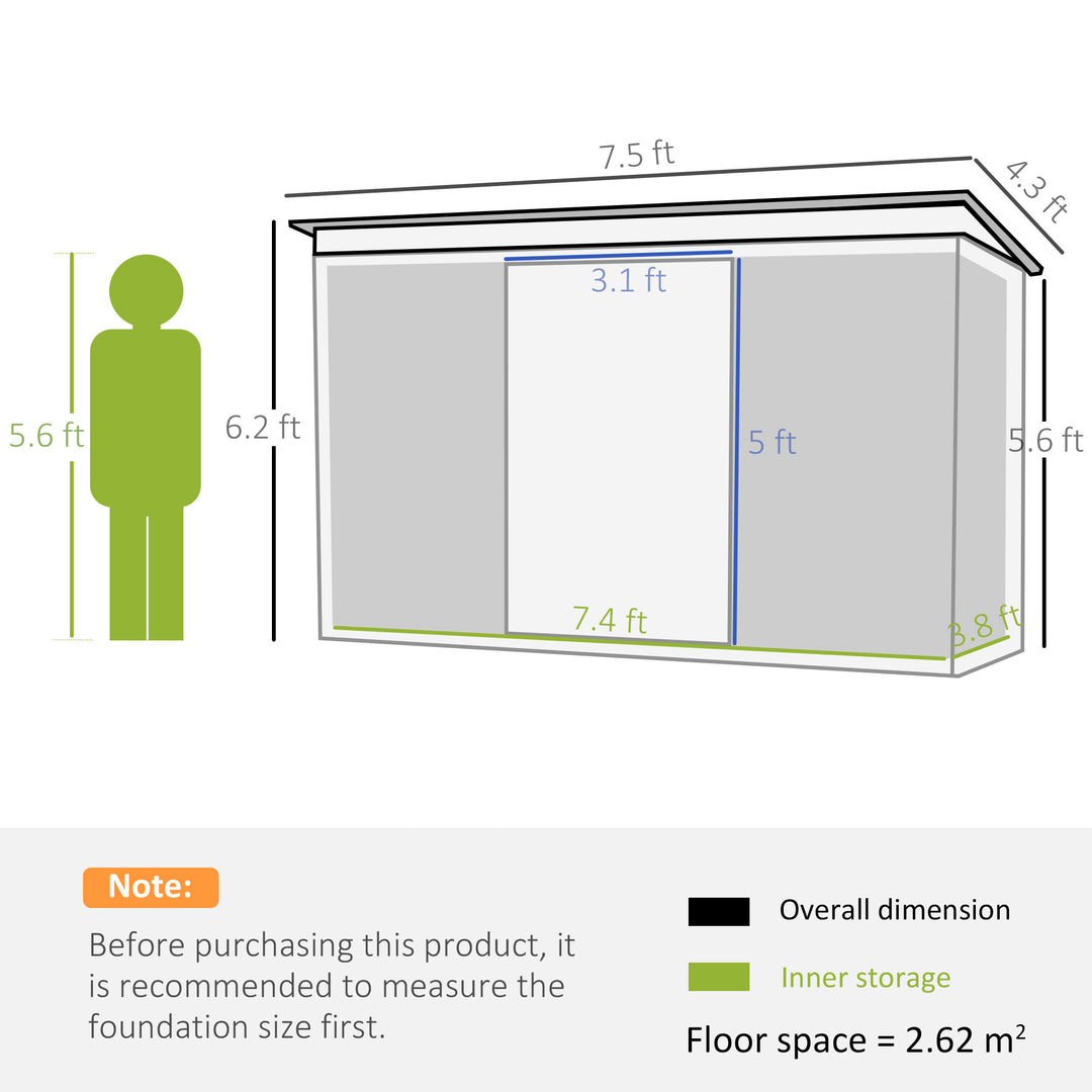 7.6 x 4.3ft Garden Storage Shed with Lockable Sliding Doors and Ventilation, Metal Garden Tool Storage House, Dark Grey