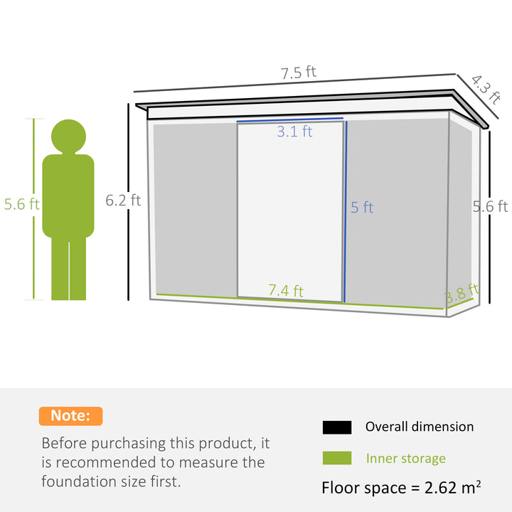 7.6 x 4.3ft Garden Storage Shed with Lockable Sliding Doors and Ventilation, Metal Garden Tool Storage House, Dark Grey