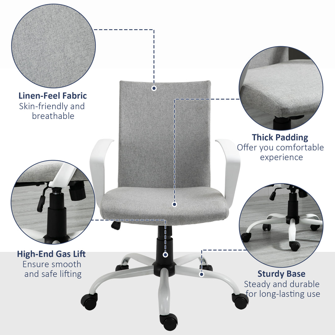 Office Chair Linen Swivel Computer Desk Chair Home Study Task Chair with Wheels, Arm, Adjustable Height, Light Grey
