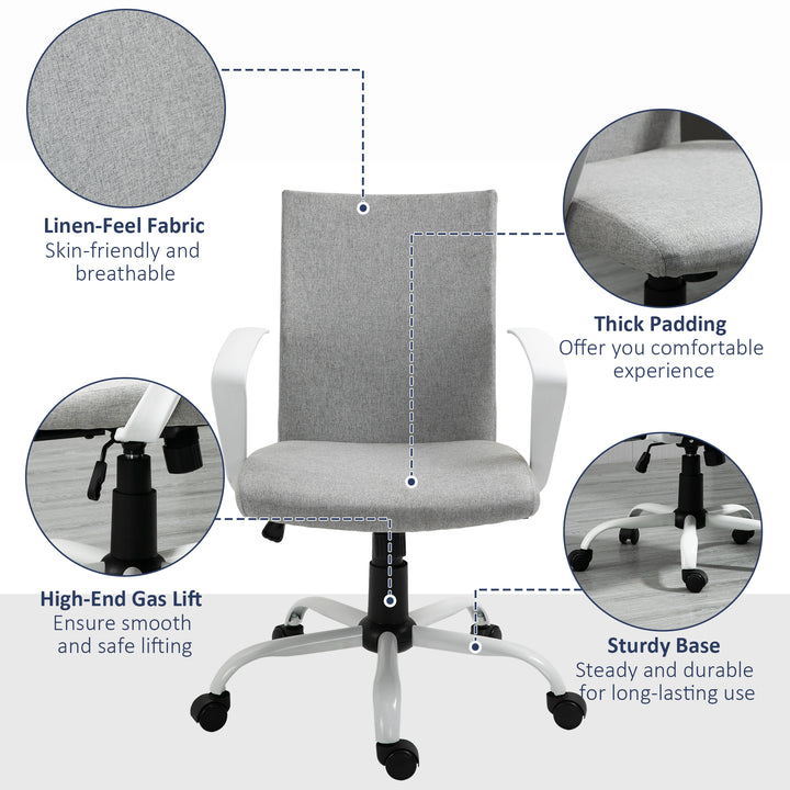 Office Chair Linen Swivel Computer Desk Chair Home Study Task Chair with Wheels, Arm, Adjustable Height, Light Grey