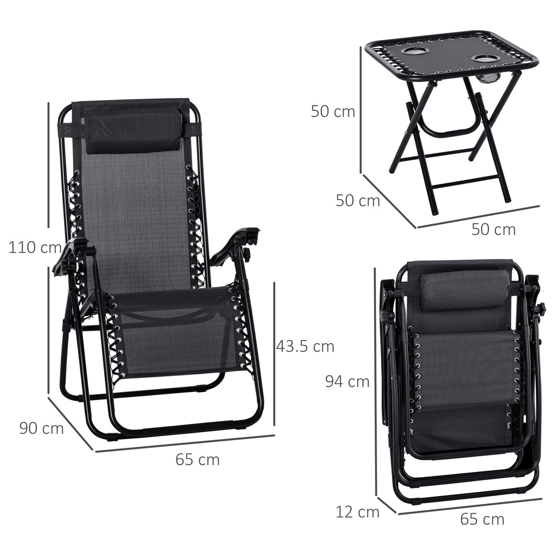 Folding Zero Gravity Chairs, 3 Pieces Adjustable Sun Lounger and Table Set with Cup Holder and Headrest, Patio Bistro Set with Reclining Garden Chairs for Outdoor, Black
