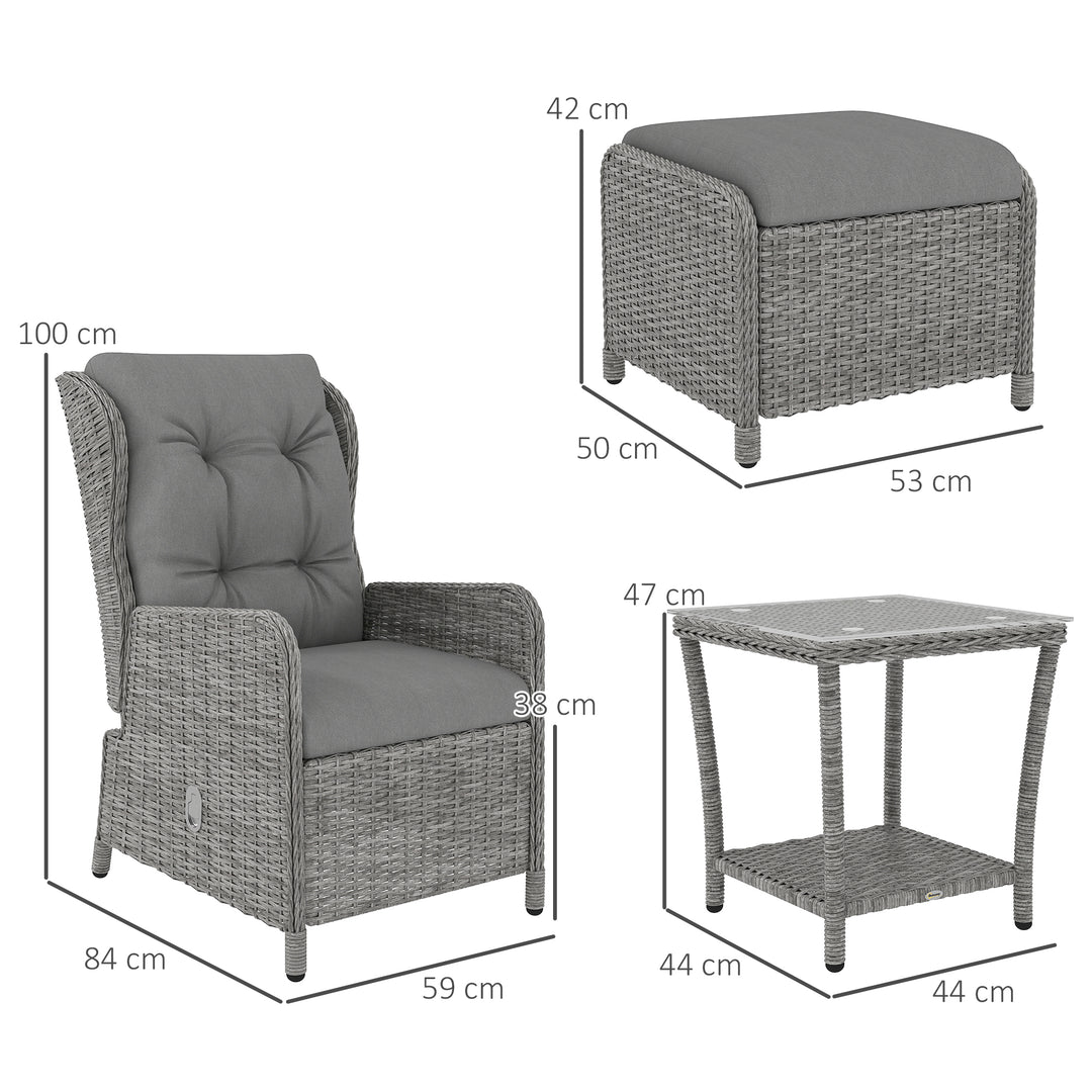 5 Pieces Rattan Bistro Set with Adjustable Back, Reclining Wicker Balcony Furniture with Cushions, Glass Top Coffee Table and Footstools, Outdoor Table and Chairs, Light Grey