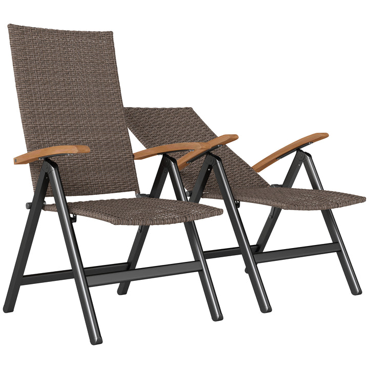 2 Pieces Folding Rattan Garden Dining Chairs with 5-level Reclining High Back, Wood Armrests for Outdoor - Brown