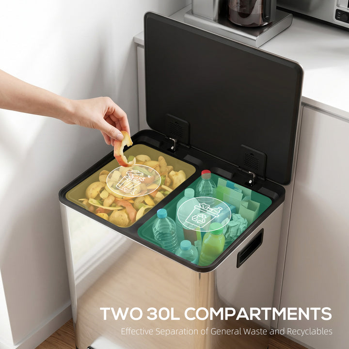 60L Dual Compartment Stainless Steel Bin, with Deodoriser Holders - Si