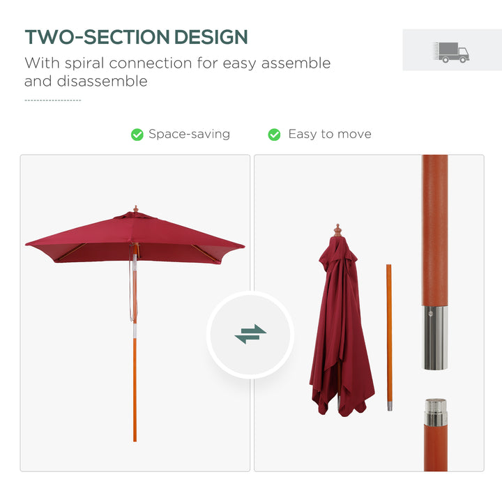 Outsunny 2m x 1.5m Garden Parasol Umbrella with Tilting Sunshade Canopy, Outdoor Market Table Umbrella with Wood and Bamboo Frame, Wine Red