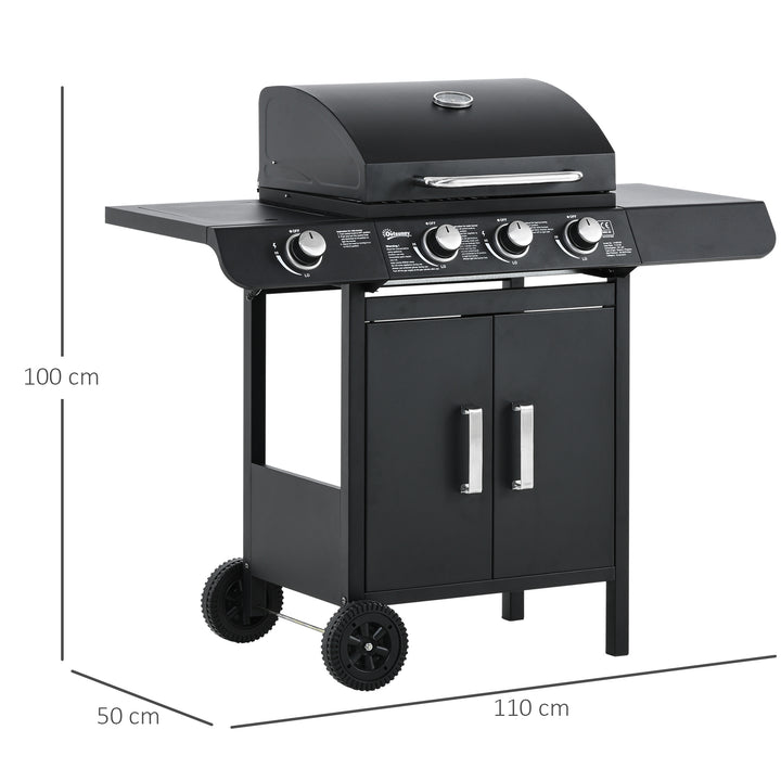 3+1 Burner Gas BBQ Grill, Outdoor Barbecue Trolley with Wheels, Warming Rack, Side Shelves, Cabinet, Thermometer for Garden, Party, Camping, 110L x 50W x 100Hcm, Black