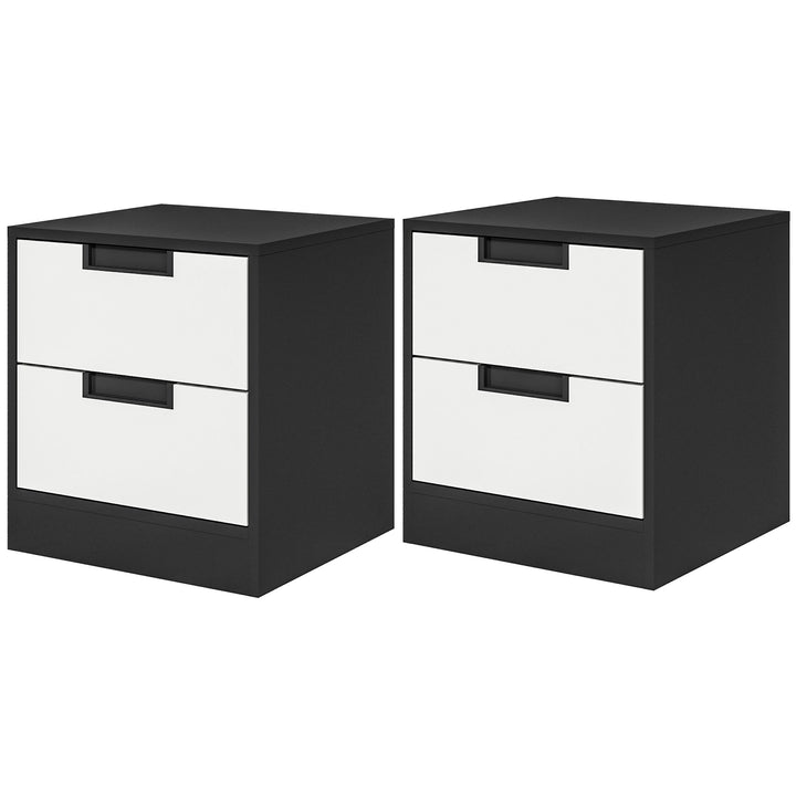 HOMCOM Set of 2 Bedside Cabinets with Dual Drawers, Modern Nightstands for Bedroom Storage, Living Room Accent Furniture, White and Black. | Aosom UK