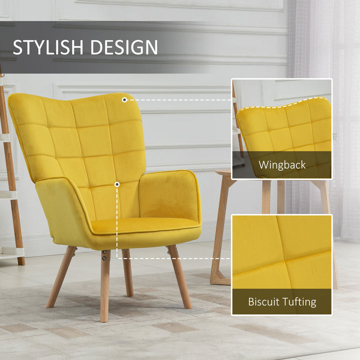 MCL Modern Accent Chair, Upholstered Tufted Wingback Armchair with Seat Padding, Velvet Leisure Lounge Bedroom Chair with Wood Legs, Yellow