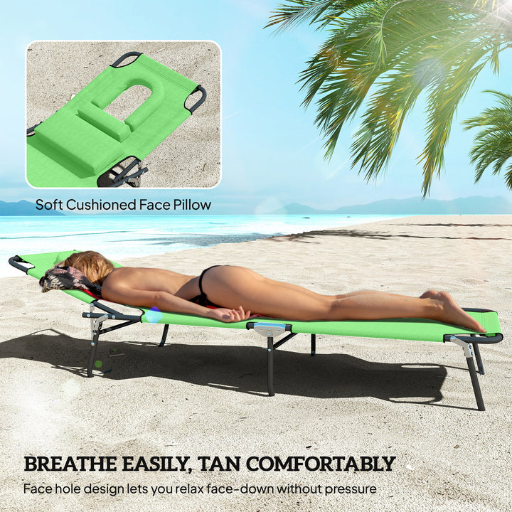 MCL Outdoor Folding Sun Lounger with Face Hole, 4 Level Adjustable Backrest Reclining Garden Lounger, Garden Recliner Sunbed with 600 D Oxford Cloth Seat and Pillow for Beach, Green