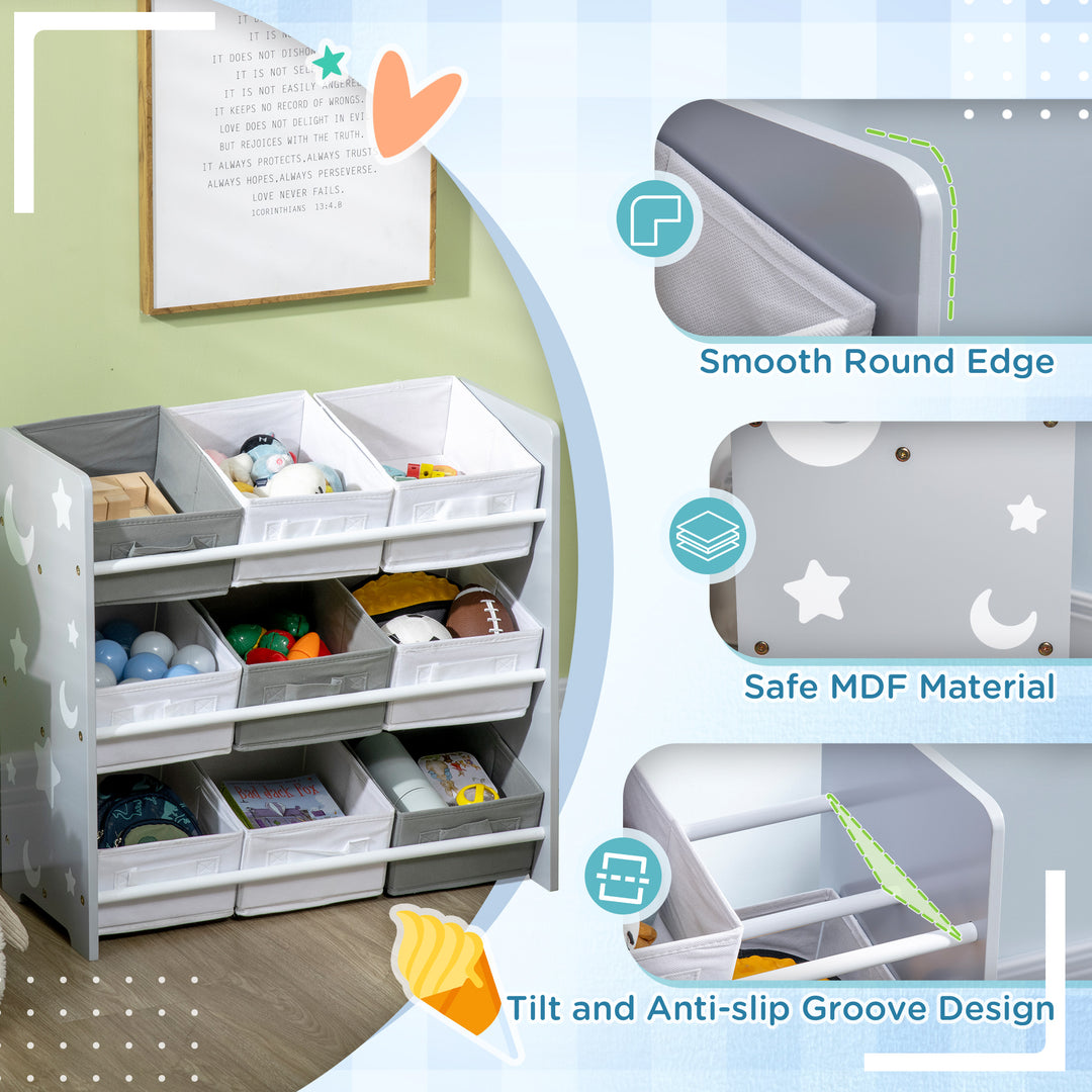 ZONEKIZ 3-Tier Storage Rack Toy Storage Organizer with 9 Removable Bins & Smooth Edges, for Playroom, Nursery and Kids Room, Grey | Aosom UK