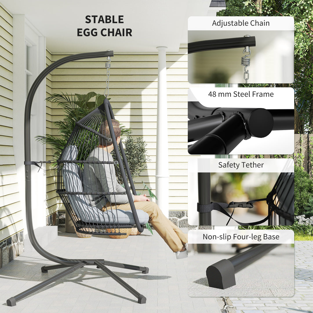 Rattan Hanging Egg Chair with Stand, Foldable Wicker Swing Egg Chair with Cushion, Head Pillow, Steel Frame, Hammock Chair for Indoor Outdoor, Capacity 150 kg, Dark Grey