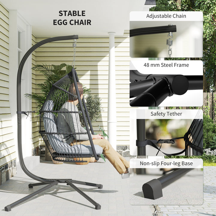 Rattan Hanging Egg Chair with Stand, Foldable Wicker Swing Egg Chair with Cushion, Head Pillow, Steel Frame, Hammock Chair for Indoor Outdoor, Capacity 150 kg, Dark Grey