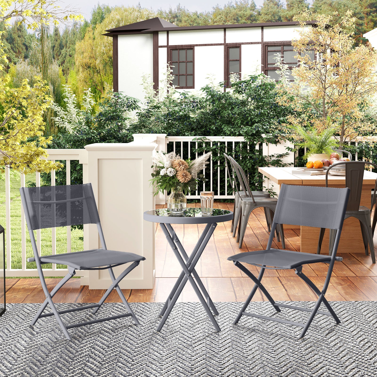 3 Pieces Outdoor Bistro Set, Glass Top Outdoor Table and 2 Folding Chairs with Protecting Feet, Grey
