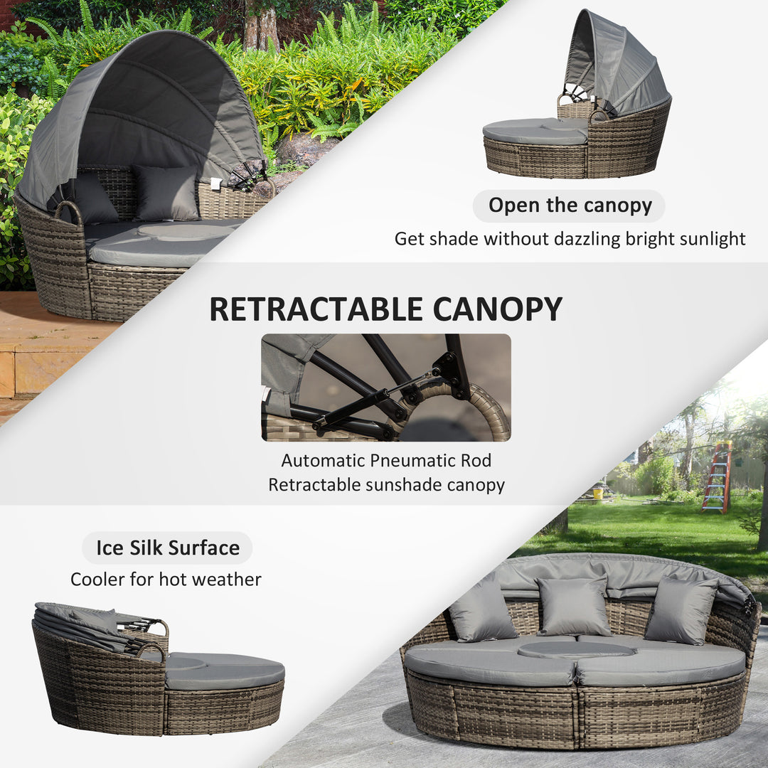 Outdoor PE Rattan Garden Furniture with Cushioned, Patio Wicker Conversation Furniture Set, Round Daybed with Retractable Canopy, Coffee Table and Three Pillows, Dark Grey