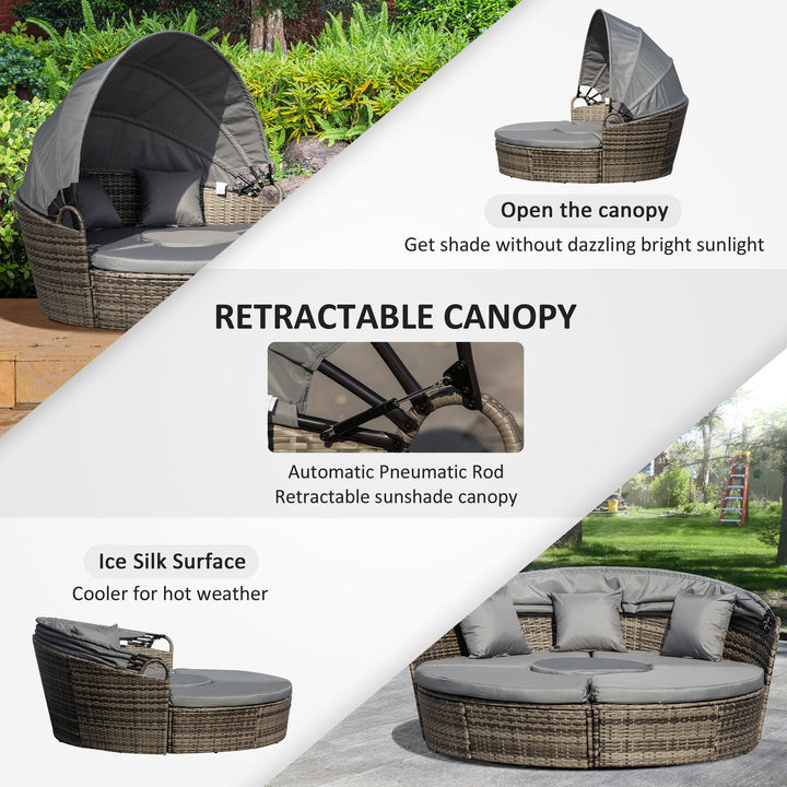 Outdoor PE Rattan Garden Furniture with Cushioned, Patio Wicker Conversation Furniture Set, Round Daybed with Retractable Canopy, Coffee Table and Three Pillows, Dark Grey