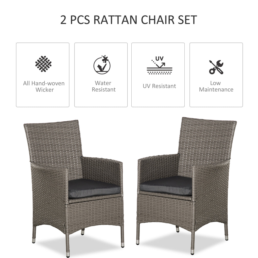 MCL 2 Pieces Outdoor PE Rattan Dining Chairs Set with Cushion, Garden Armchair with Armrests, High Backrest, Metal Frame Patio Wicker Furniture, Grey