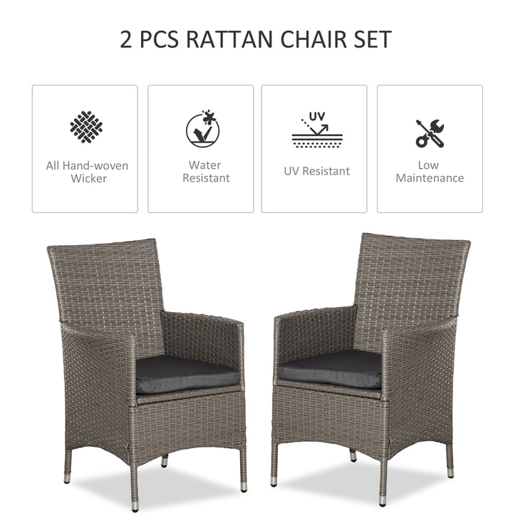MCL 2 Pieces Outdoor PE Rattan Dining Chairs Set with Cushion, Garden Armchair with Armrests, High Backrest, Metal Frame Patio Wicker Furniture, Grey