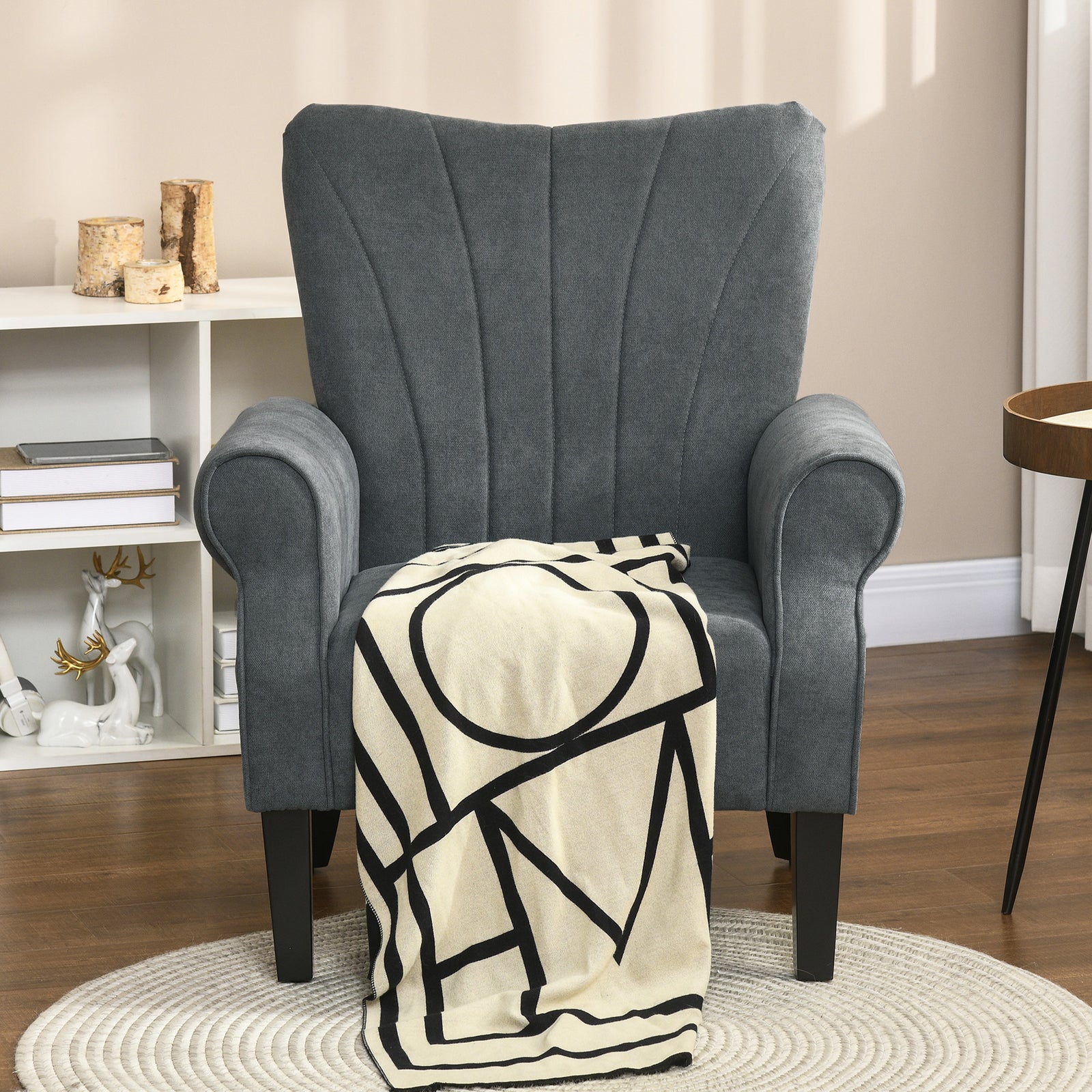 Upholstered Accent Chair with Rolled Arms and Wood Legs, Armchair for Living Room Bedroom, Grey
