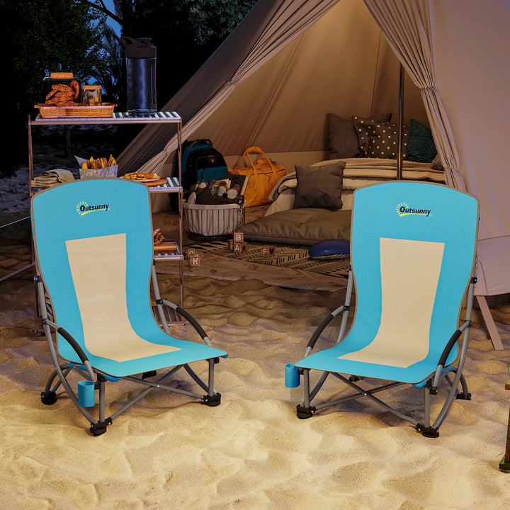 Set of 2 Folding Beach Chair, Low Camping Chair with Mesh Back, Carry Bag and Cup Holder for Garden Outdoor Picnic Festival Travel, Blue