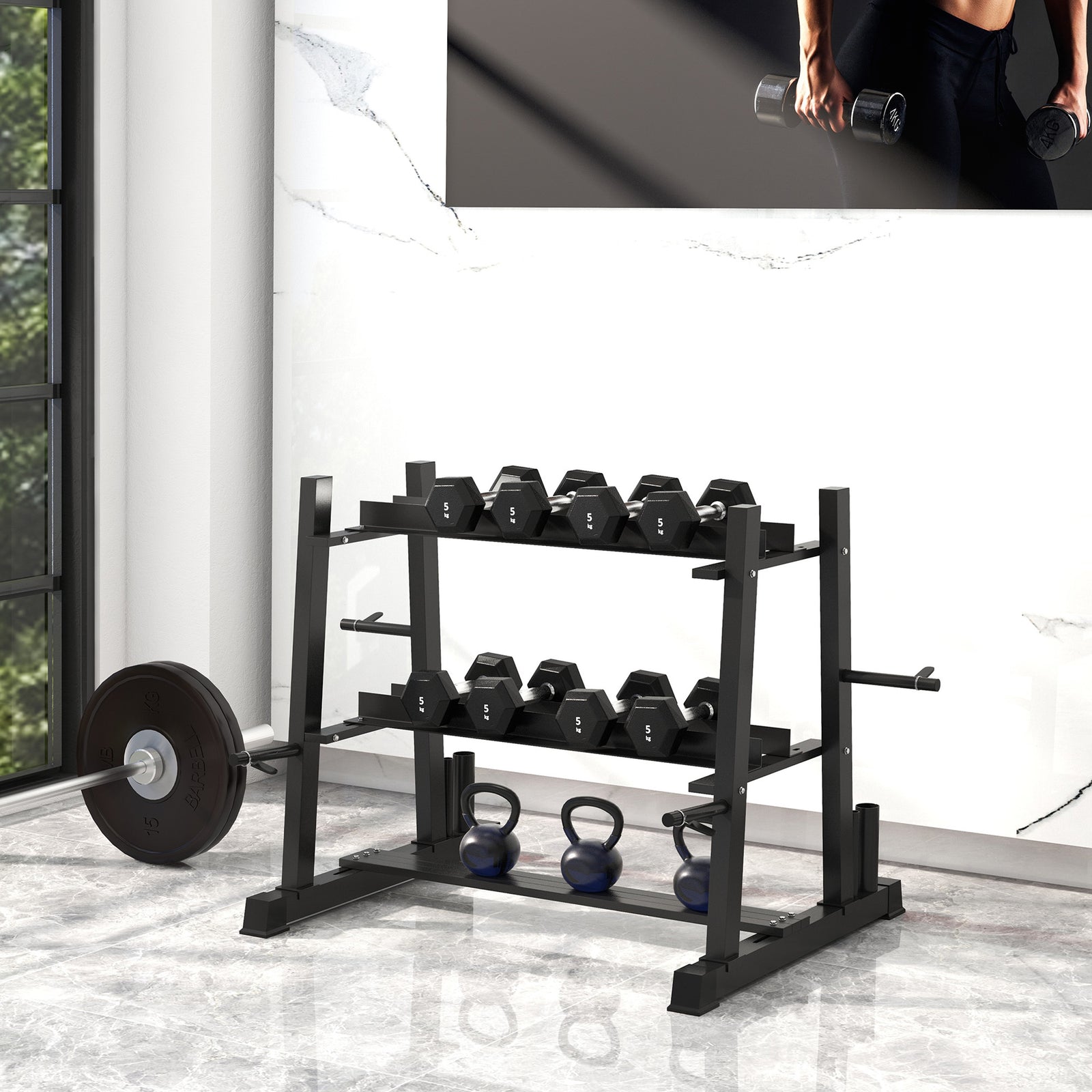 SPORTNOW 3-Tier Dumbbell Rack, Versatile Weight Rack with 4 Weight Rods for Dumbbells, Kettlebells and Plates (Rack Only)