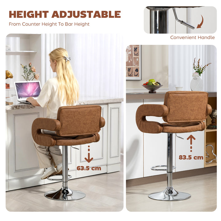 MCL PU Leather Upholstered Swivel Bar Stool, Height Adjustable with Back, Armrest, Footrest, Brown