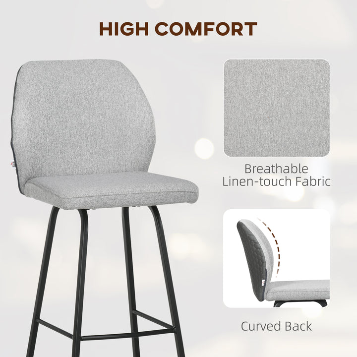 Bar Stools Set of 4, Linen-Touch Upholstered Bar Chairs, Kitchen Stools with Backs and Steel Legs for Dining Room, Light Grey