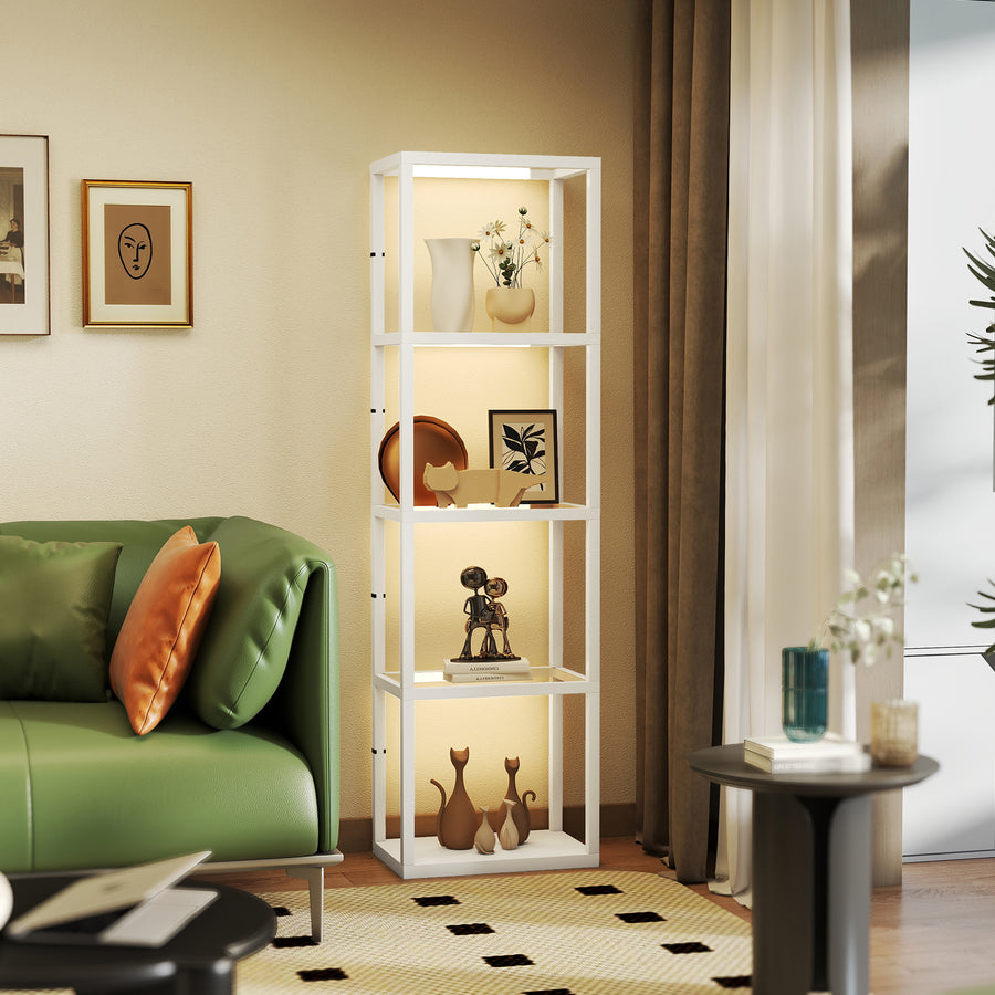 LED Floor Lamp with Glass Shelves, 4 Layers Dimmable Tall Standing Lamp, Modern Column Shelf Floor Light for Living Room, Bedroom, Office, White