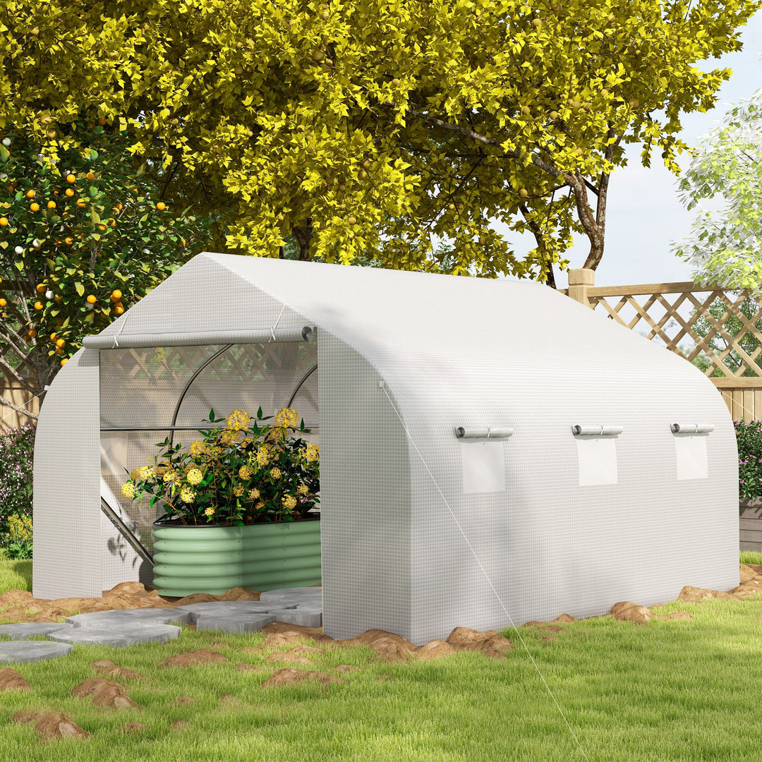 MCL Walk-In Polytunnel Greenhouse Warm House Garden Tunnel Shelter Plant Shed with Door and Windows, Galvanised Steel Frame, 3.5 x 3 x 2m, White
