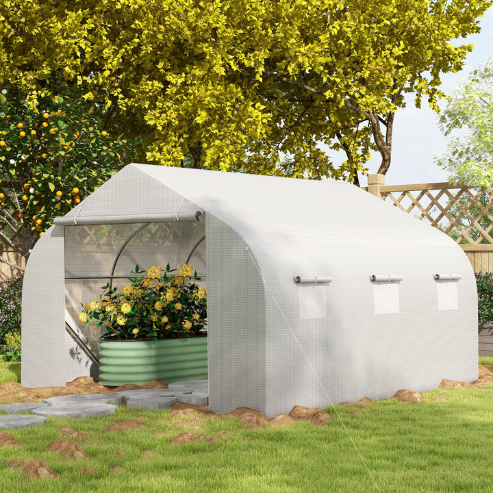 MCL Walk-In Polytunnel Greenhouse Warm House Garden Tunnel Shelter Plant Shed with Door and Windows, Galvanised Steel Frame, 3.5 x 3 x 2m, White